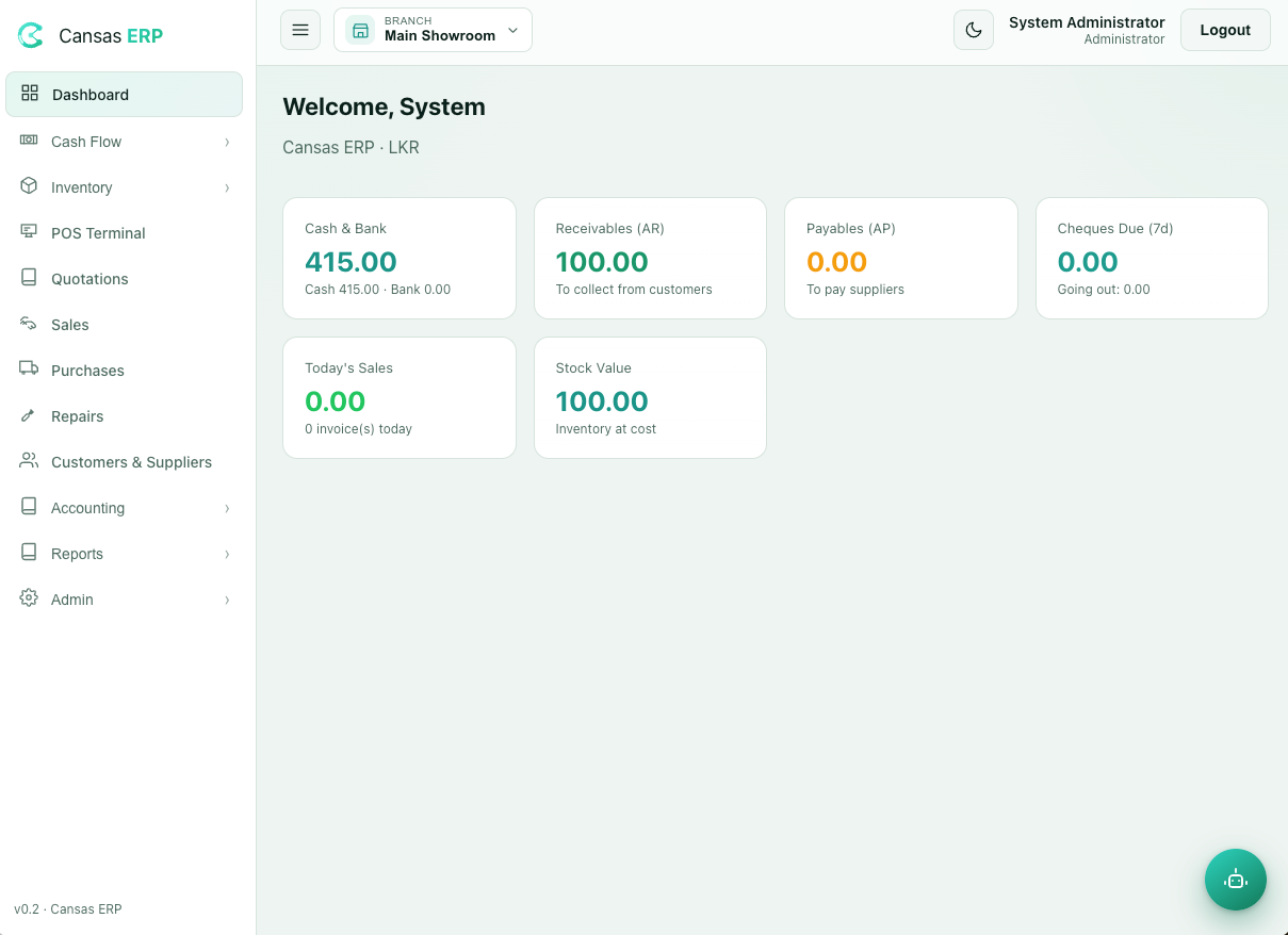 Cansas ERP dashboard, real screenshot